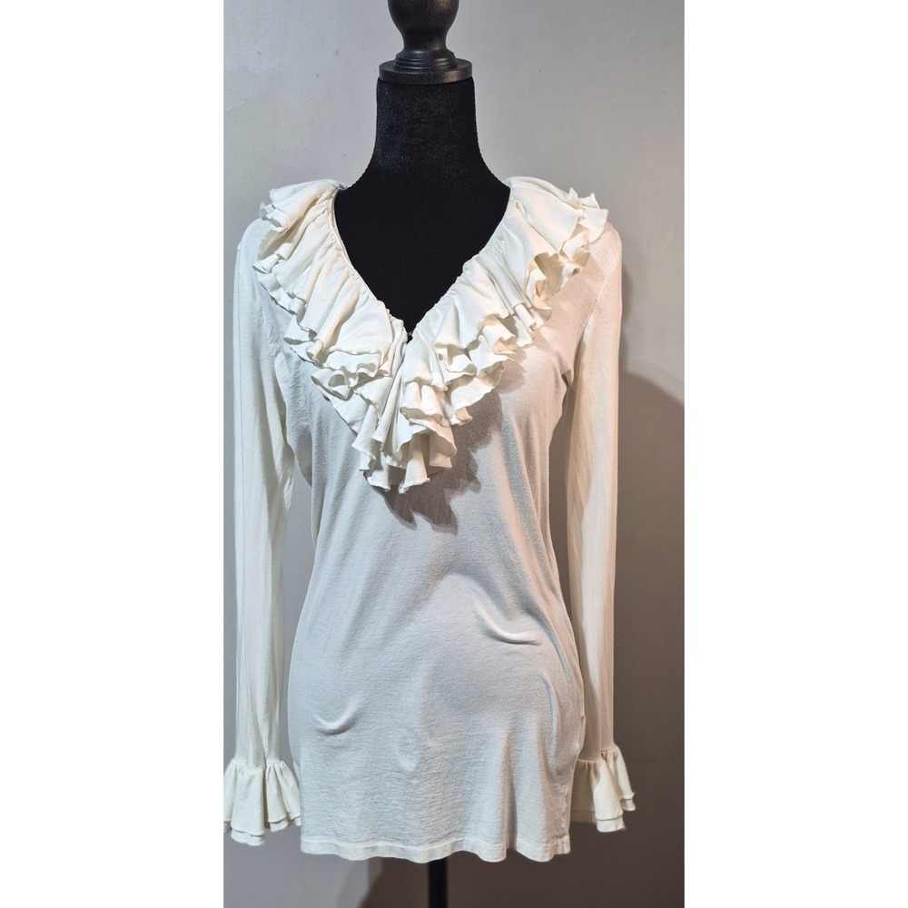 Ralph Lauren Sport Cream Pima Cotton Ruffle V-Neck Long Sleeve Top Medium
